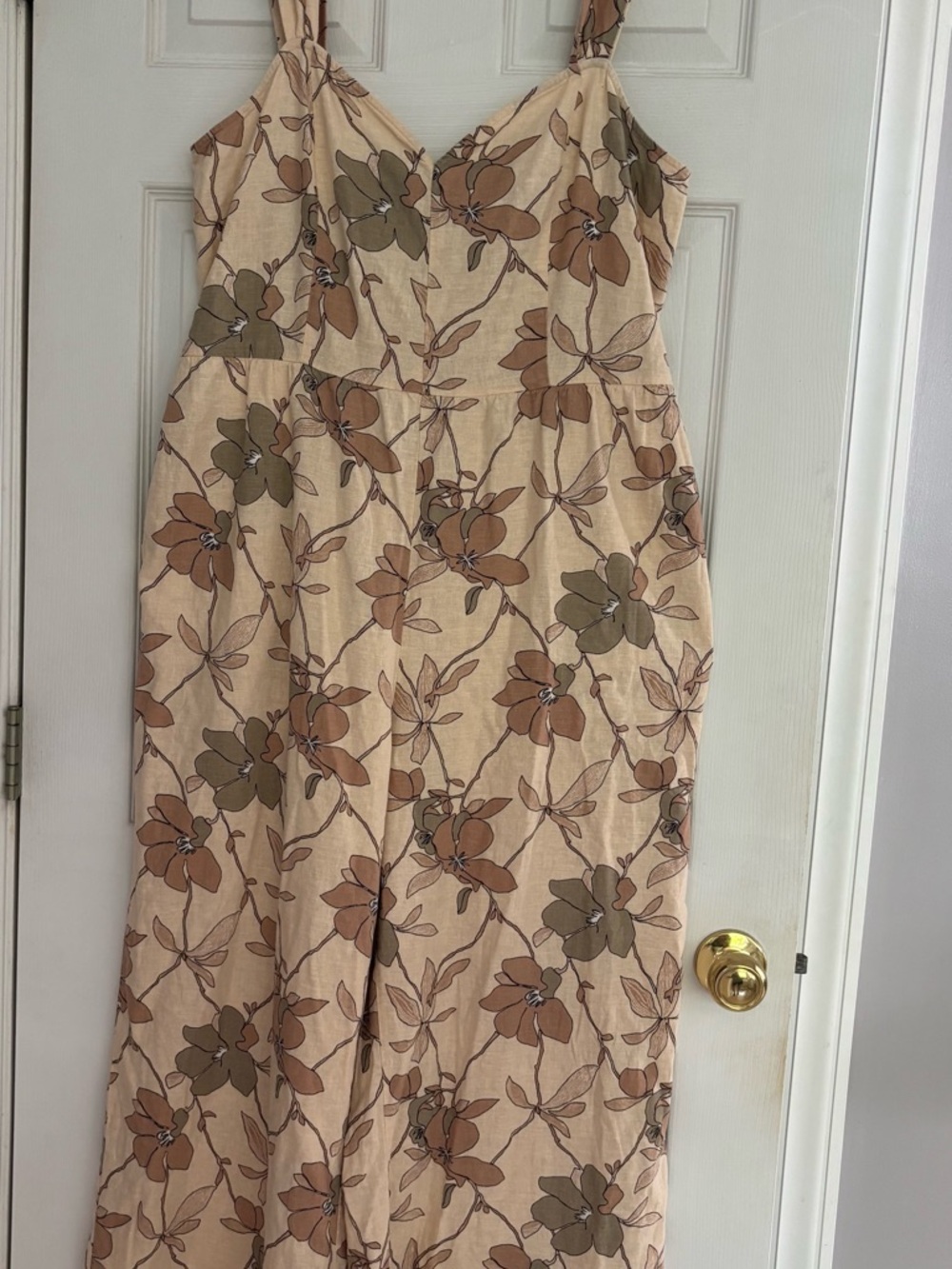 LOFT Outlet Beige Floral Jumpsuit Dark Brown Accents